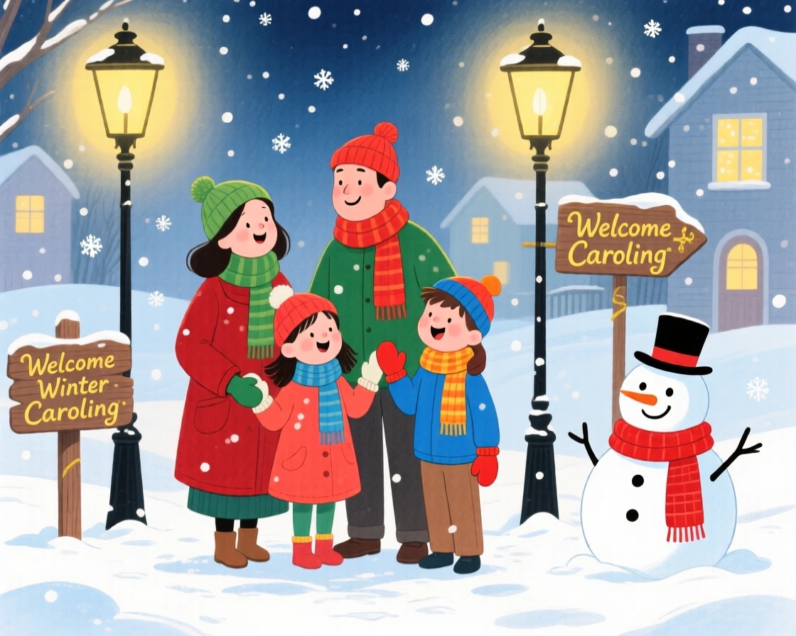 A family caroling together in the snow under streetlamps, filled with seasonal charm.