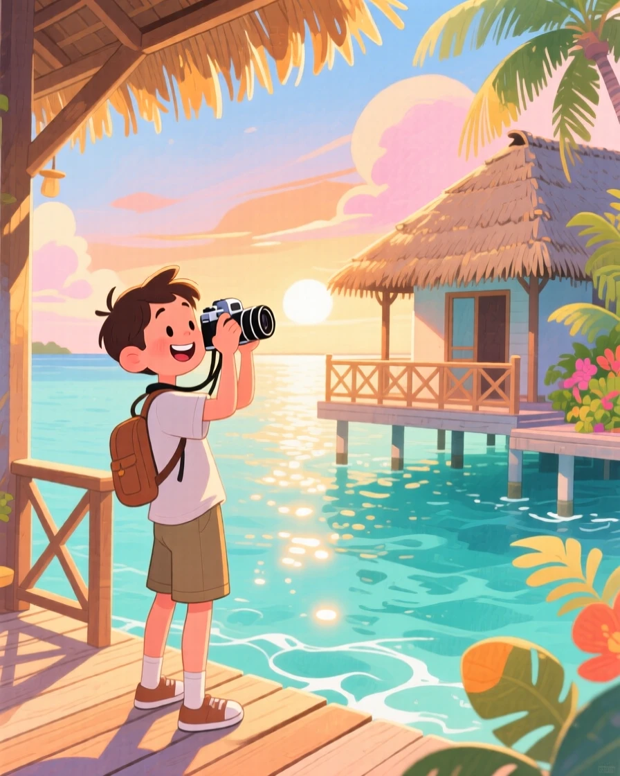 A photographer captures the golden light amid the turquoise waters surrounding a Maldives overwater bungalow, filled with the romance of travel.