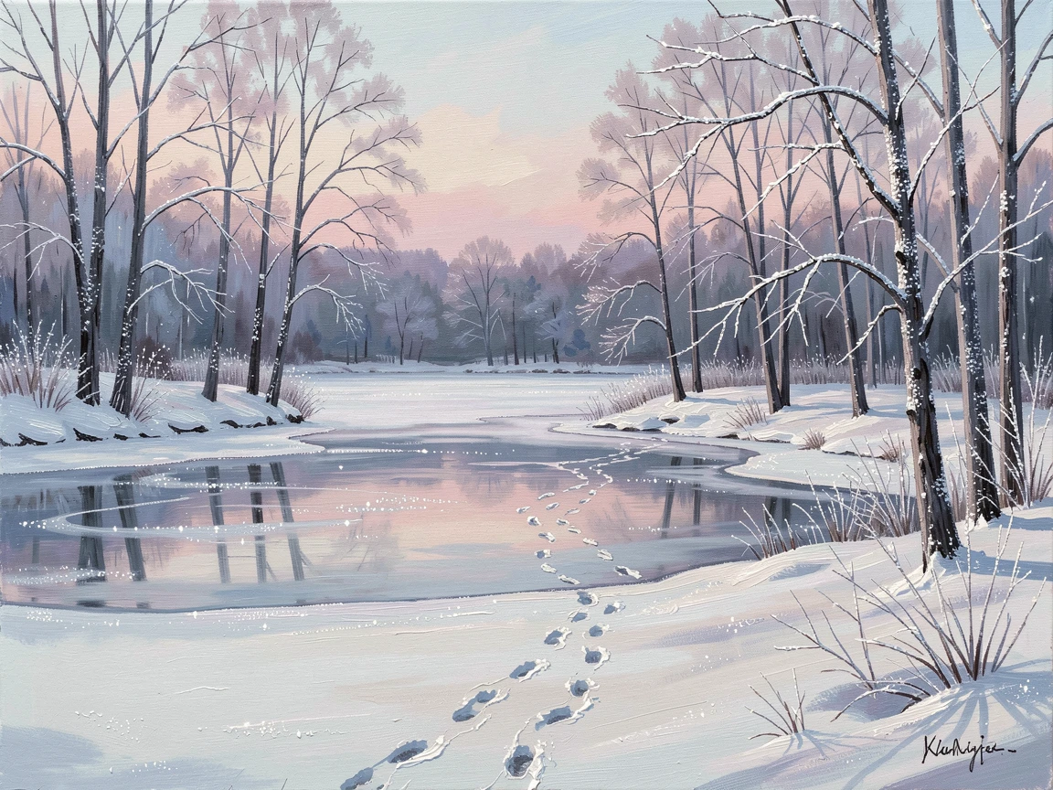 Beside a frozen pond ringed with frosted trees, an ice-covered lake surrounded by bare winter trees, footprints trailing across an untouched snowfield, at first light, frost glittering on every surface.
