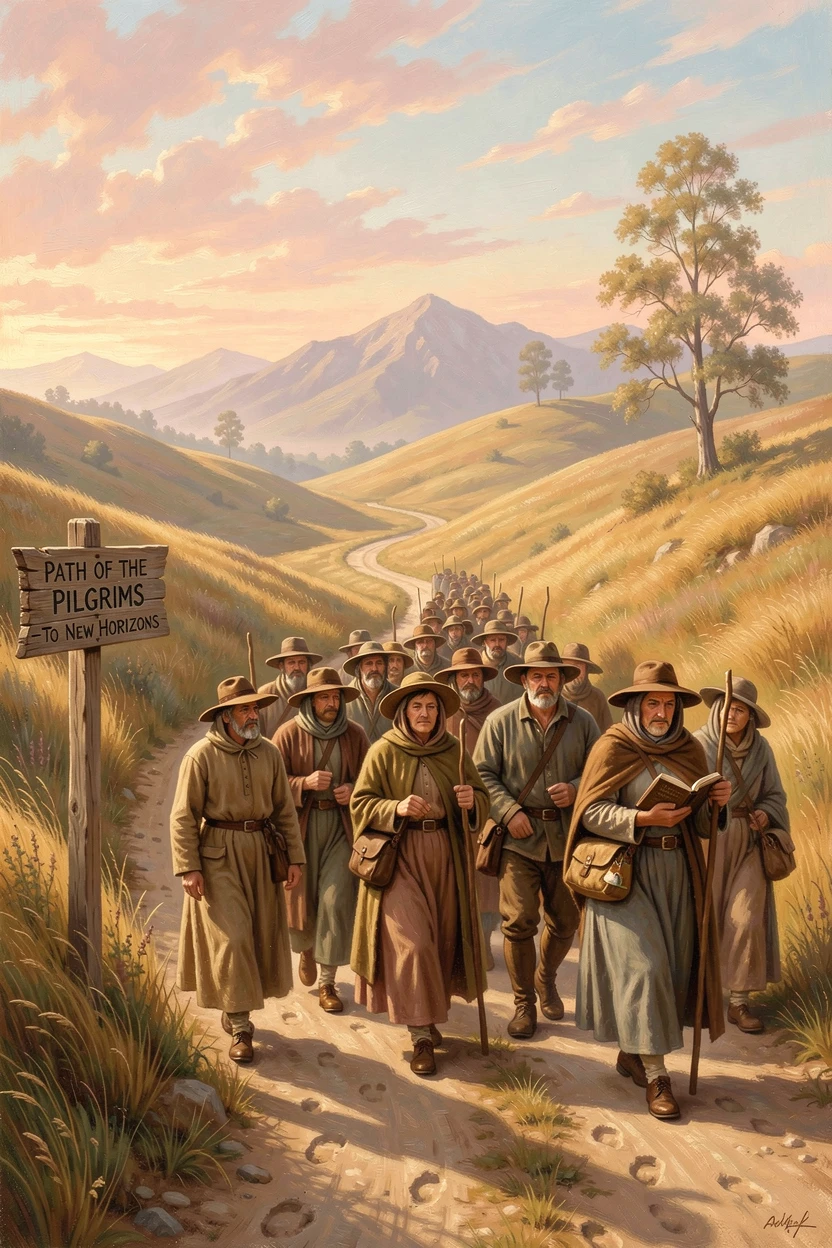 A group of pilgrims crosses a dusty road winding through golden hills in the hush of early morning.