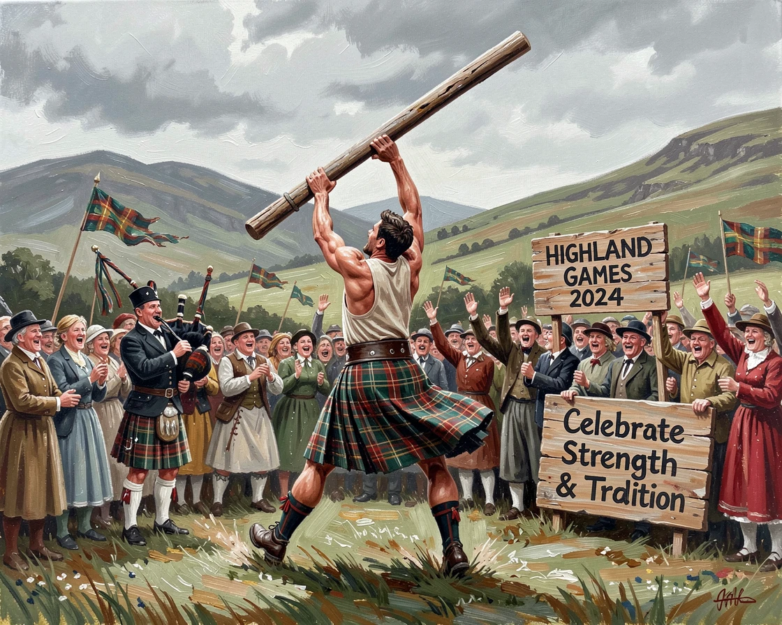 A traditional Scottish Highland games event shows a kilted athlete tossing a massive caber as crowds cheer beneath cloudy hills, the atmosphere charged with music, movement, and a shared sense of celebration.
