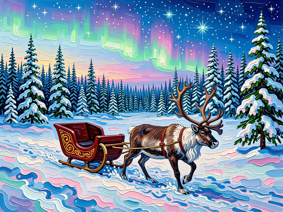 A reindeer sleigh gliding silently across a snow-covered Lapland forest