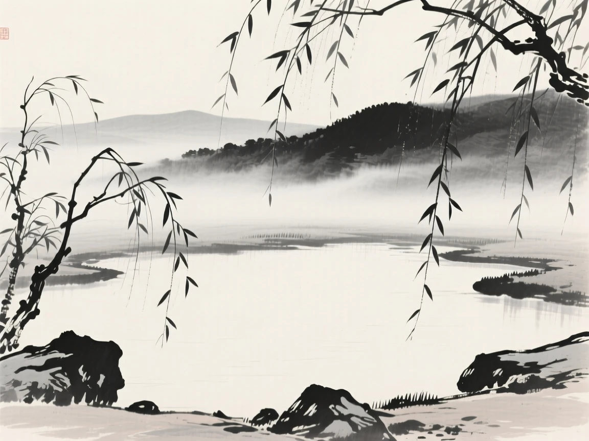 A quiet pond ringed by drooping willow branches as thin mist rolls slowly through the lower valley, framed low, with the foreground rocks leading the eye toward the distance, capturing a fleeting, serene moment suspended in time.