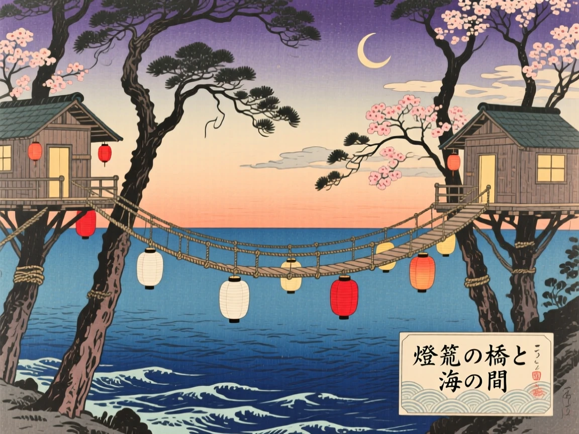 Treehouses connected by lantern-lit rope bridges, overlooking an endless glowing ocean.