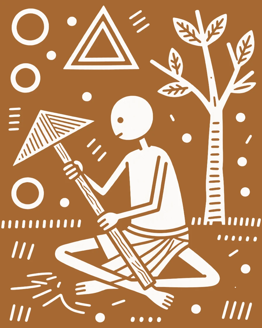 A farmer carving a wooden tool by hand.