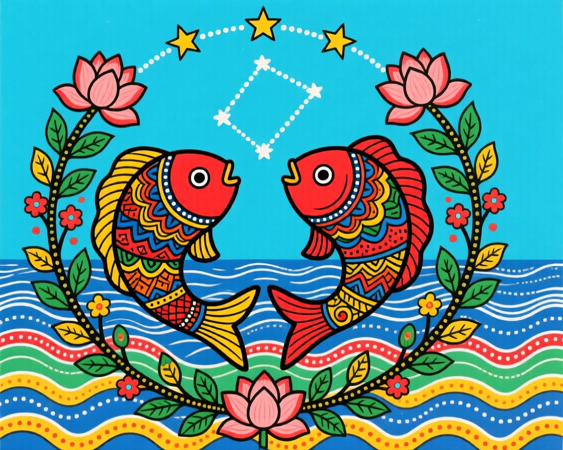 The zodiac constellation of the fish shimmering above a quiet sea.