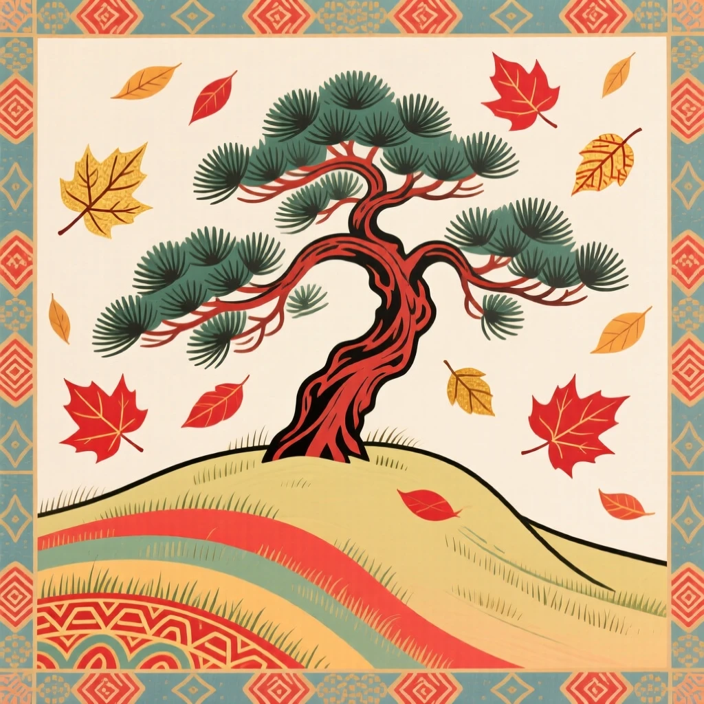 A view of a lone pine tree on a ridge as red and gold leaves fall gently to the ground.