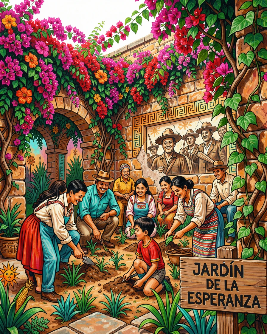 A garden courtyard filled with blooming bougainvillea vines