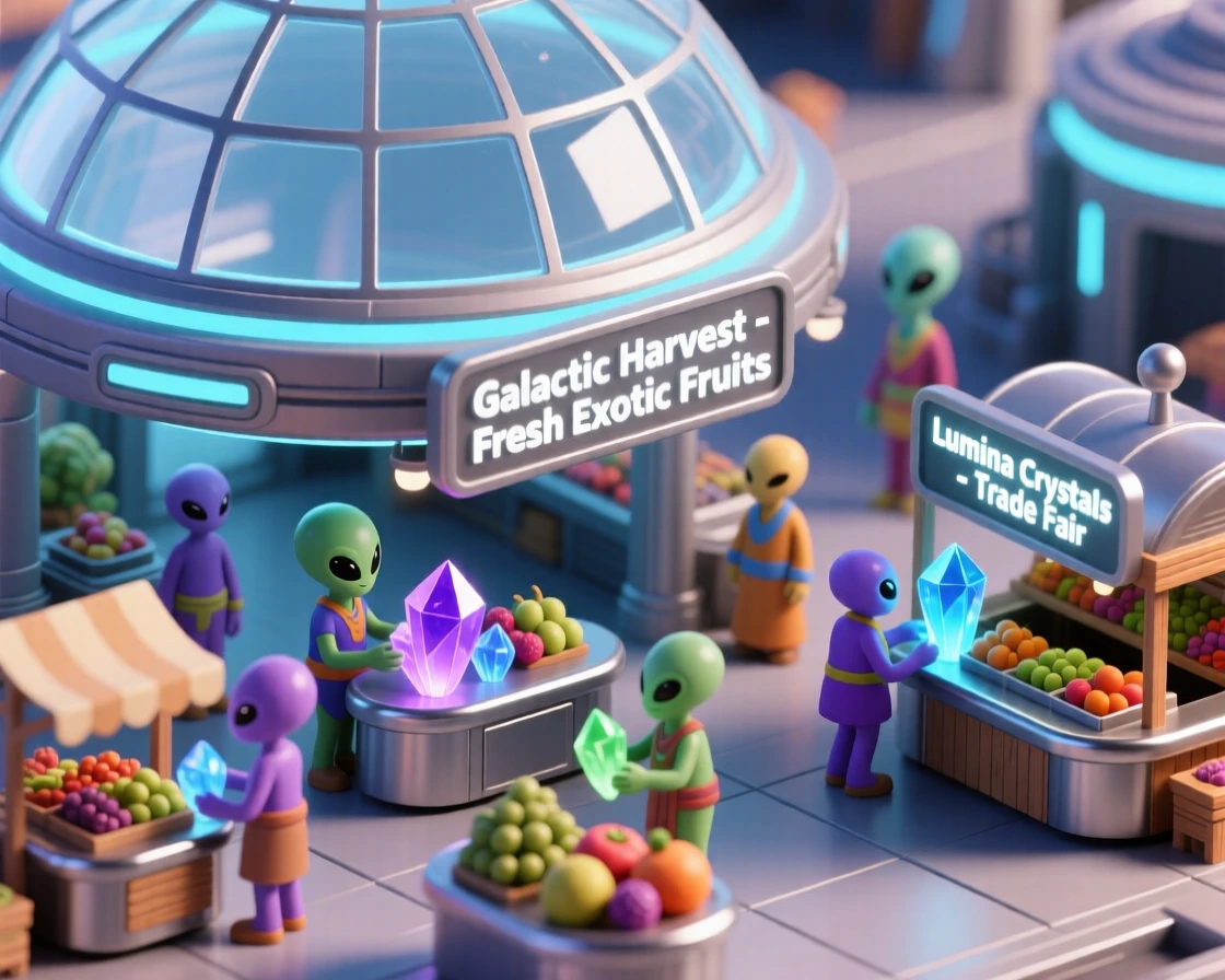 A space colony marketplace with alien traders exchanging glowing crystals for exotic fruits beneath a domed roof.