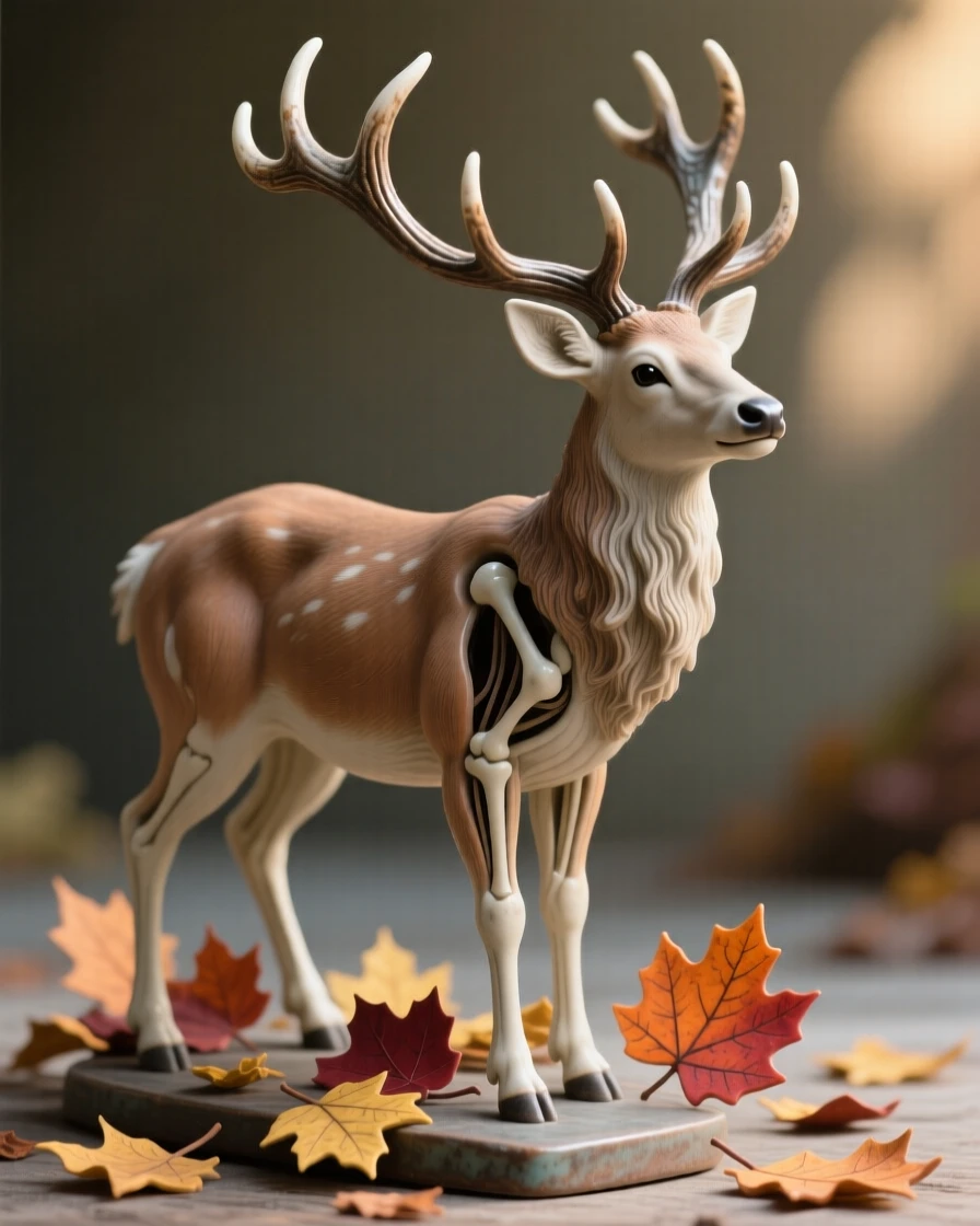 A majestic stag with towering antlers stretched out in warm afternoon light, framed by scattered autumn leaves, evoking a quiet sense of wild dignity.