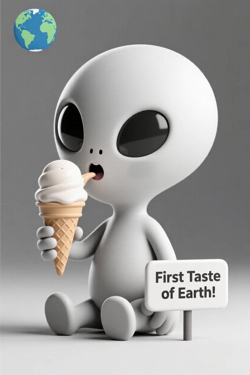 A curious young alien tries Earth food for the first time, eyes widening with delighted surprise at an ice cream cone.