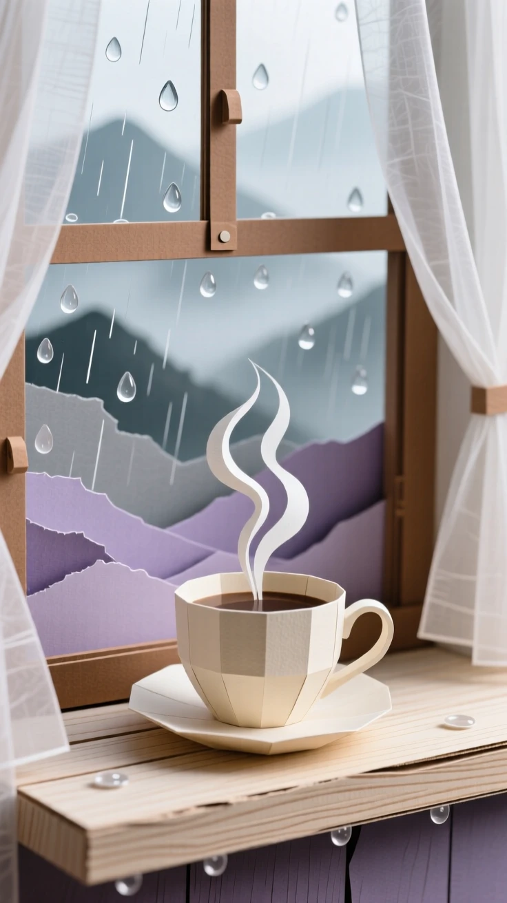 A steaming cup of coffee on a rainy windowsill set against a backdrop of misty mountains, with sheer curtains fluttering in the breeze, capturing quiet contentment.