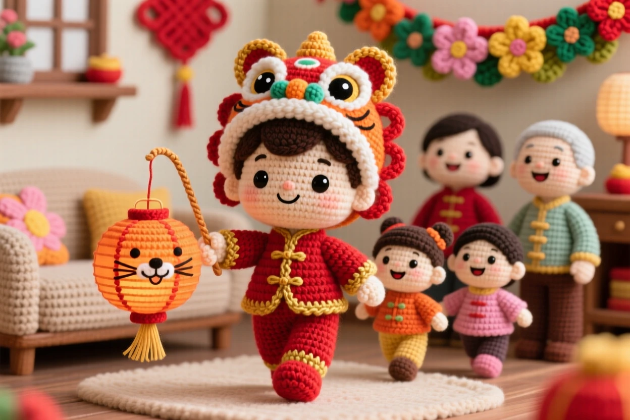 A festive cultural scene of a small boy carrying a small paper lantern shaped like a lion for a lunar new year parade, leading a joyful procession down the street within a cozy home decorated for a family tradition; a garland of woven flowers draped nearby nearby, full of bright, celebratory warmth.