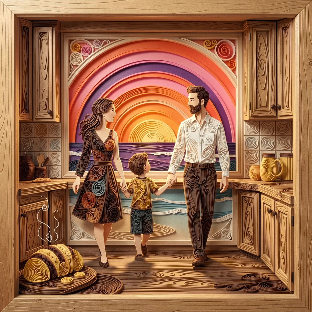 a family walking hand in hand along a beach at sunset, in a cozy kitchen filled with the smell of fresh bread, captured in a tender, intimate close-up moment, with soft shadows adding quiet intimacy.