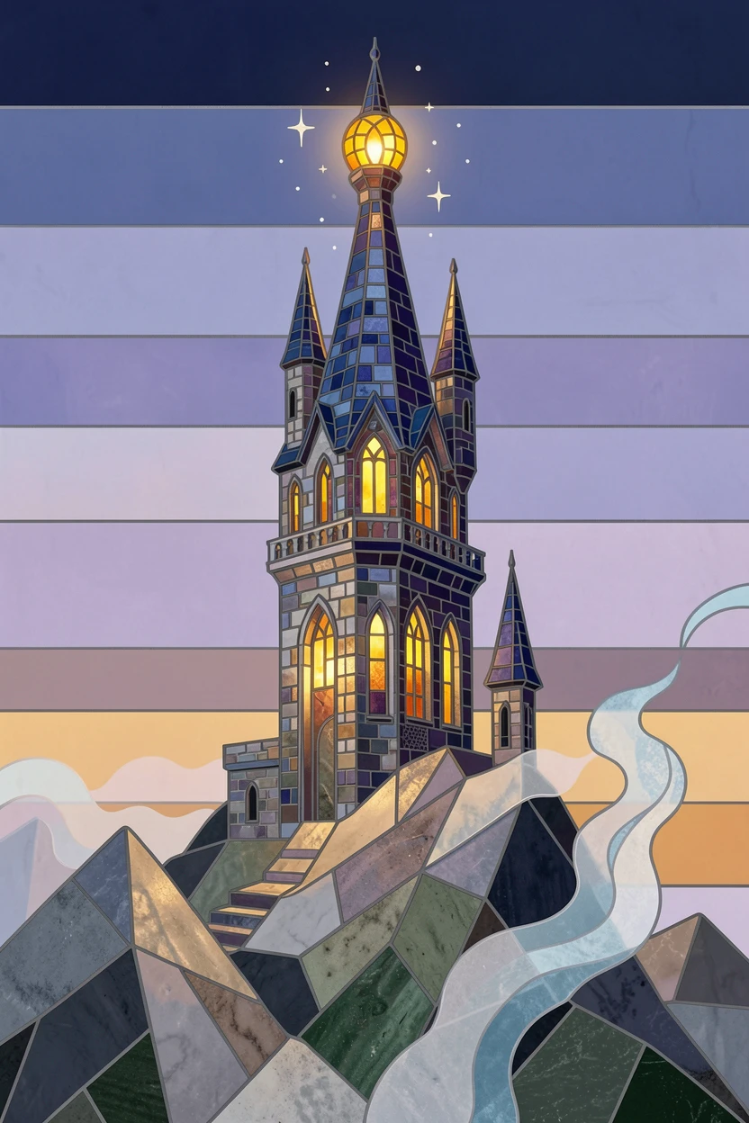 A wizard's tower rising above a misty mountain at twilight, rendered with dramatic magical lighting and rich atmospheric detail.