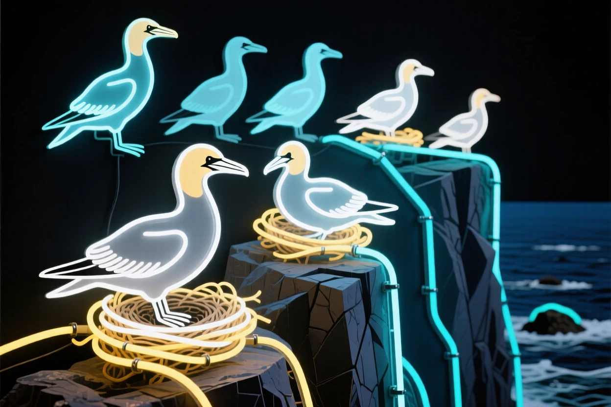 A colony of gannets nesting on a rocky sea cliff.