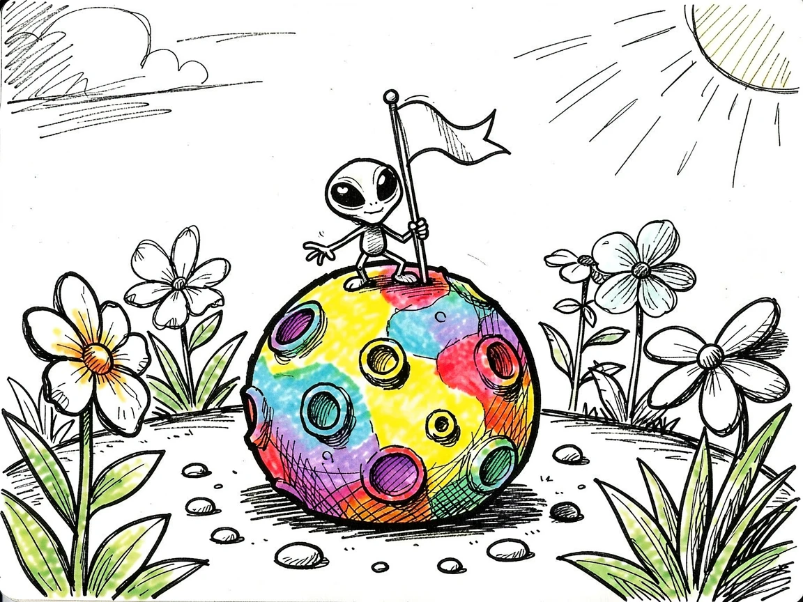A tiny alien planting a flag on a colorful asteroid in a sunny backyard garden.