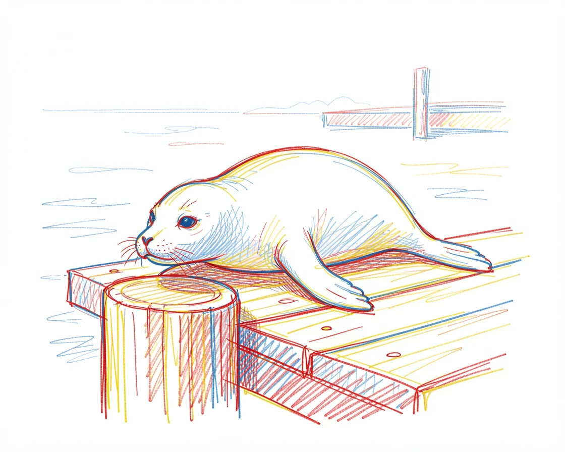 A calm harbor seal resting on a sun-warmed dock piling