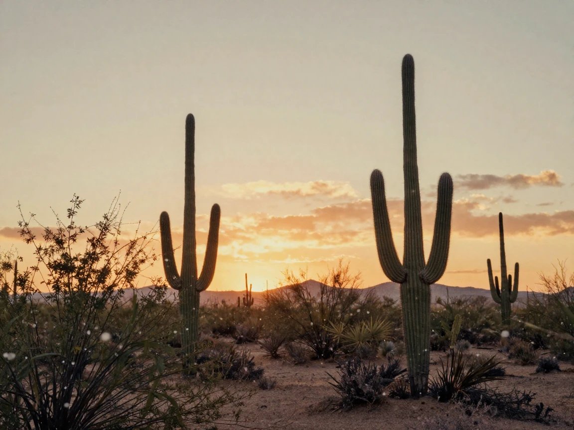 Cactus silhouettes standing against a blazing desert sunset, in dappled light filtering through leaves, amid gently falling snow, in early spring, in warm honey and cream tones, from a slightly elevated vantage point.