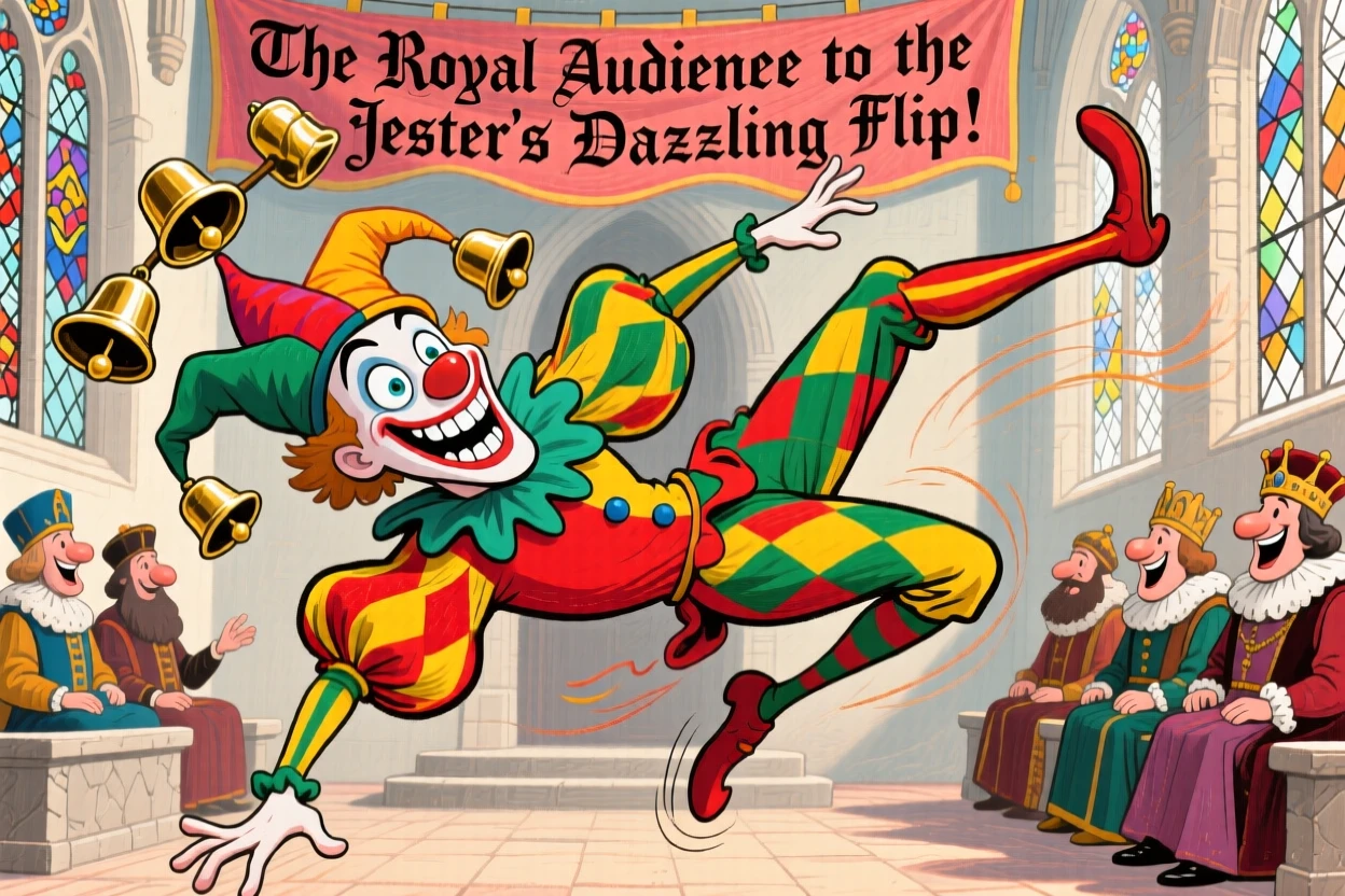 A medieval jester performing an acrobatic flip before an amused royal court.