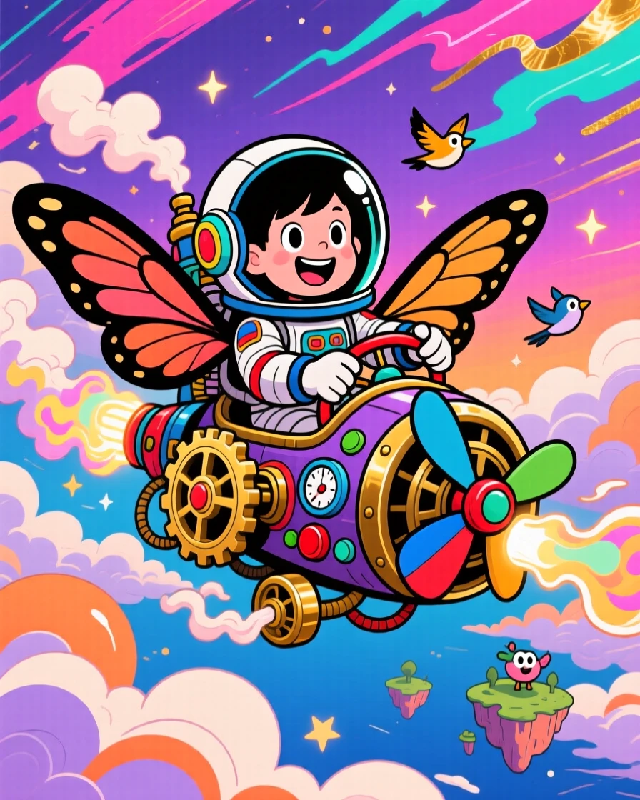 An imaginative fantasy scene of a young astronaut piloting a fantastical flying machine through the clouds, under a sky painted with impossible colors.