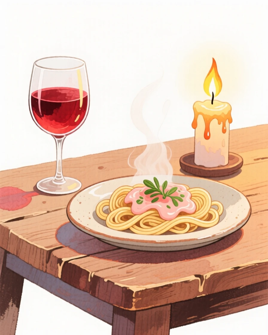 A cozy, appetizing, rustic and comforting scene of a glass of red wine beside a plate of pasta on a candlelit table