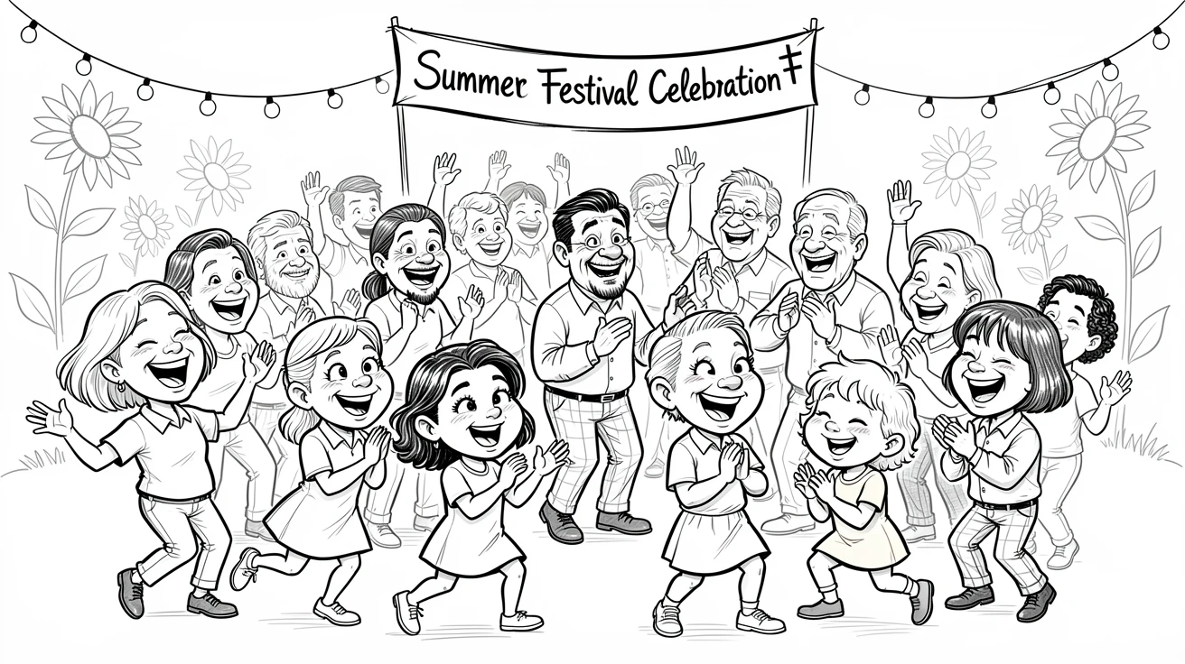 [Seasonal Holidays & Celebrations] Festive scene of a lively church congregation dancing together at an outdoor summer festival, full of celebration and joy