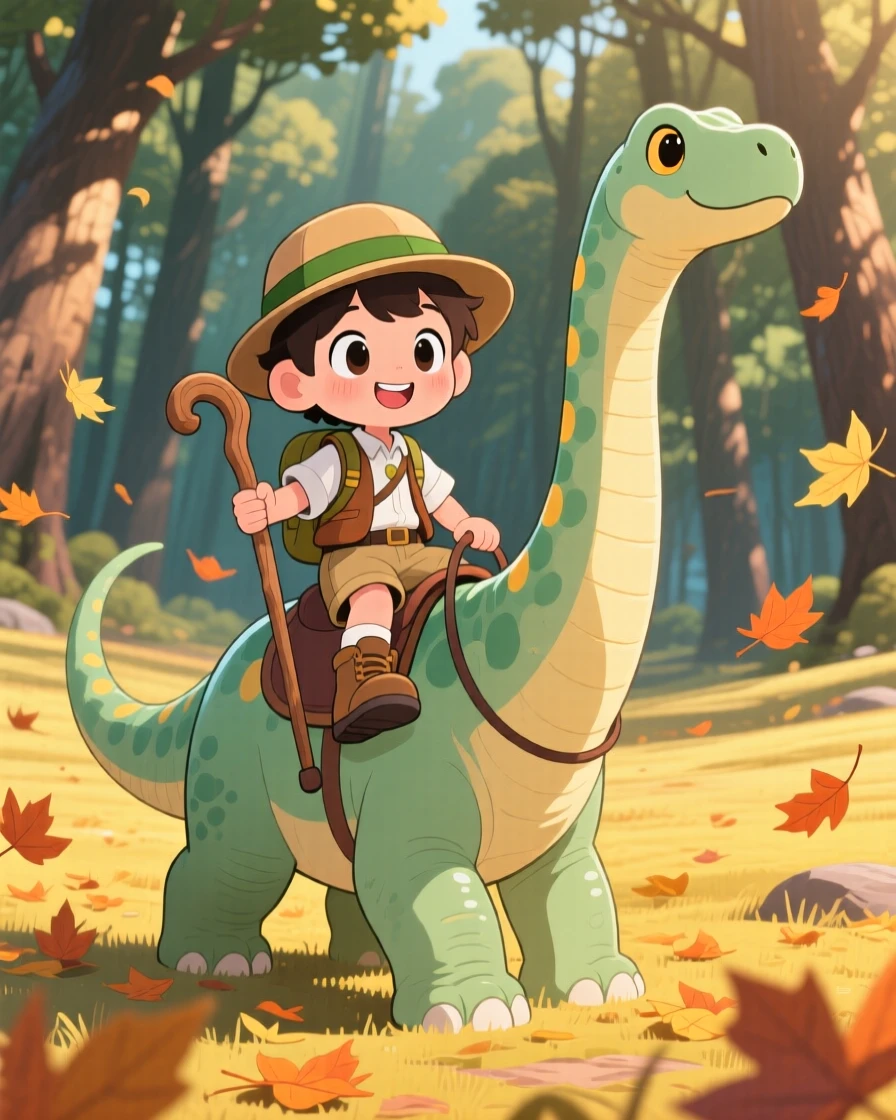 A young explorer riding on the back of a gentle brontosaurus in a sweeping prehistoric plain with autumn leaves swirling around; dappled sunlight through a canopy washes over the scene as quiet contentment fills the moment. Dynamic diagonal composition.