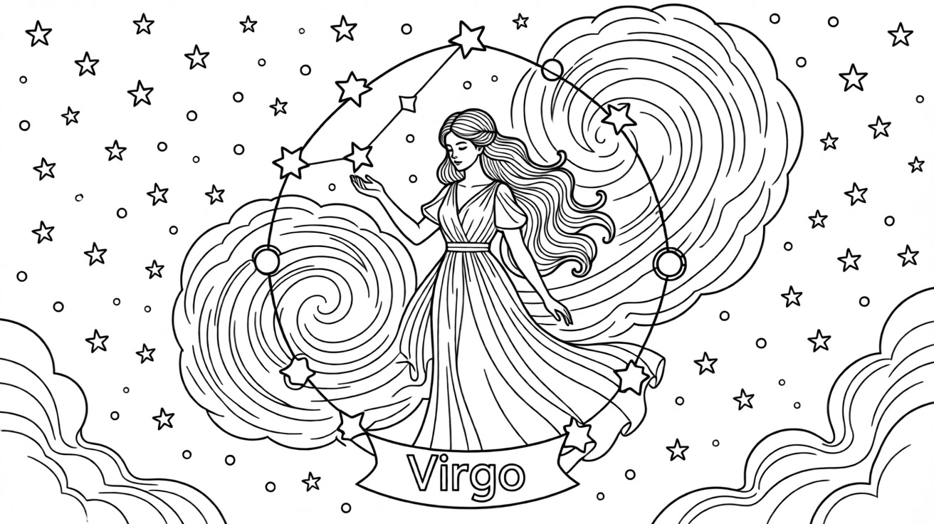 A zodiac constellation illustration of Virgo the maiden, formed from connected stars against a night sky filled with smaller stars and swirling nebula clouds.