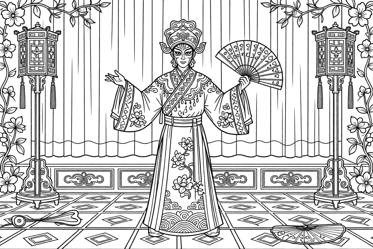 A stage actor in dramatic traditional makeup and costume.