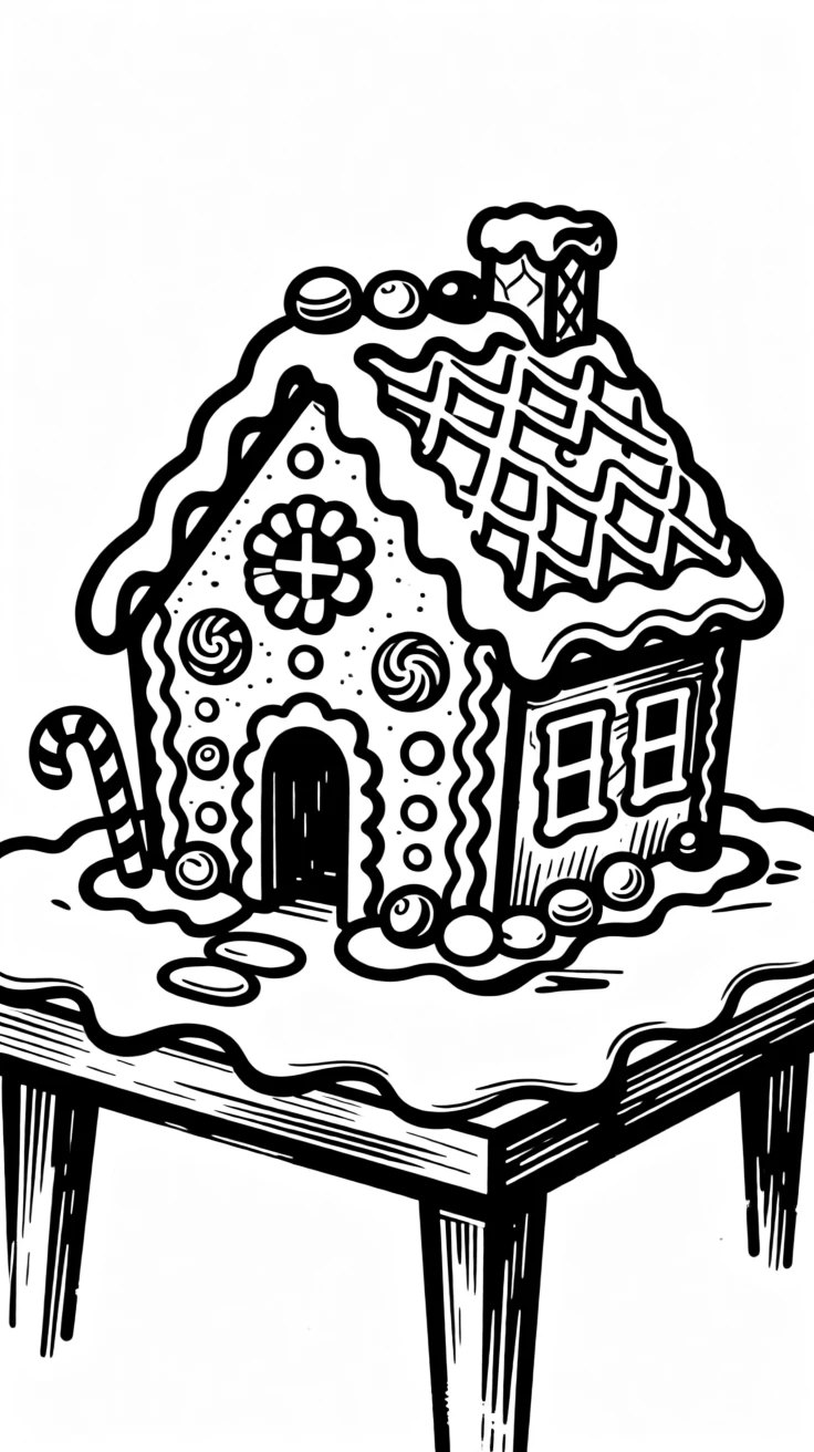A gingerbread house decorated with icing and candy on a snowy table.