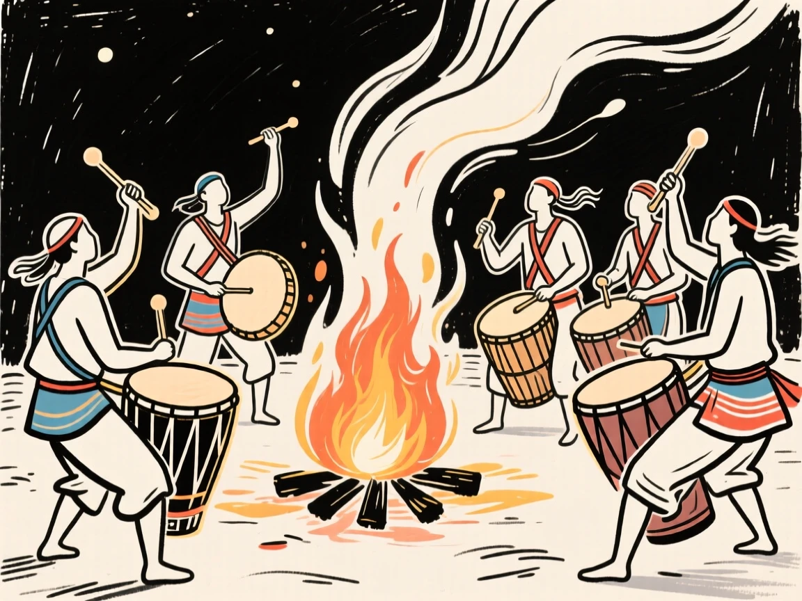 A group of traditional drummers performing around a bonfire at night.