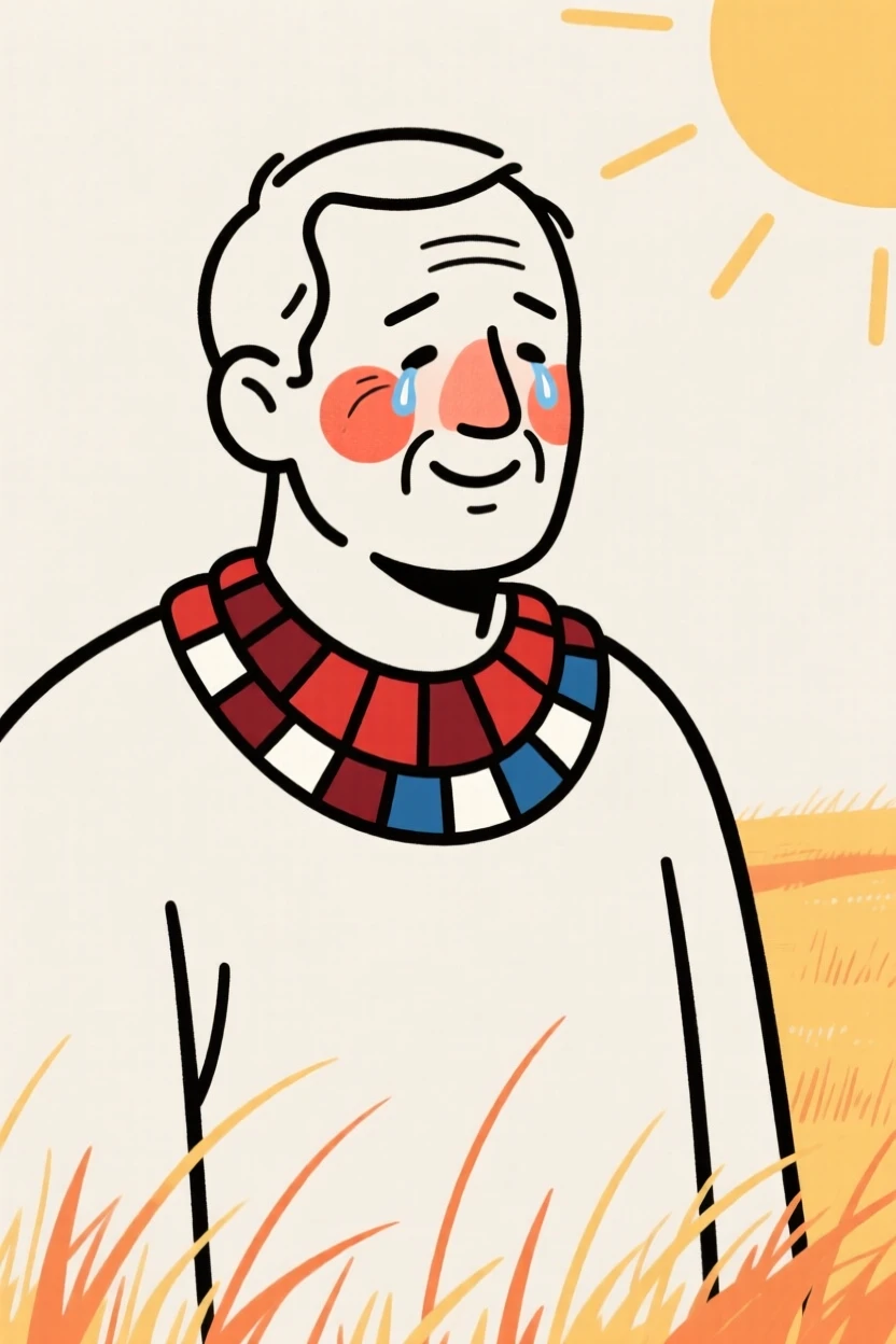 A father of Irish heritage wearing a Maasai beaded collar, holding back happy tears, in a sunlit meadow.