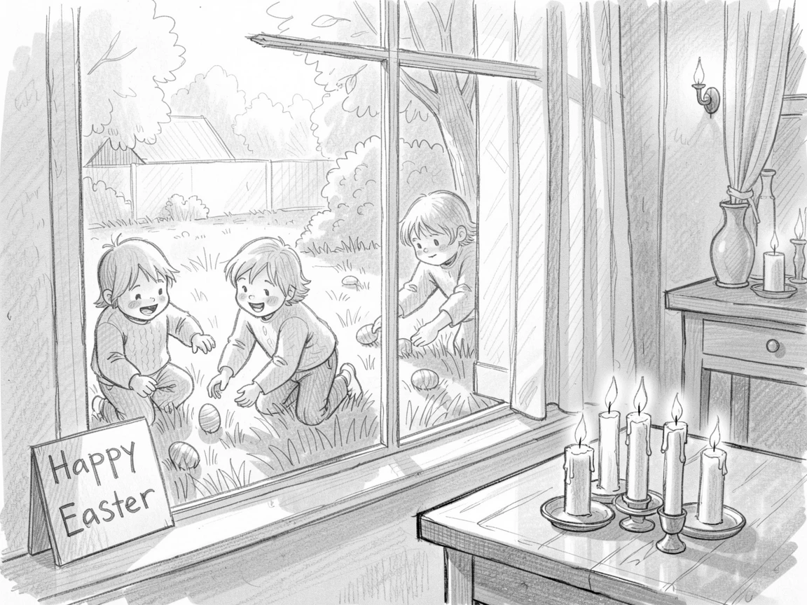 A joyful holiday moment: children hunting for Easter eggs in a sunny garden in a cozy candlelit room, with festive colors filling the frame.