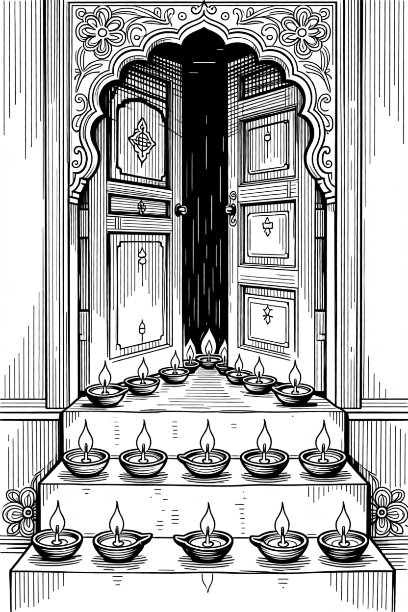 A festive Diwali celebration with rows of glowing oil lamps lining a doorway.