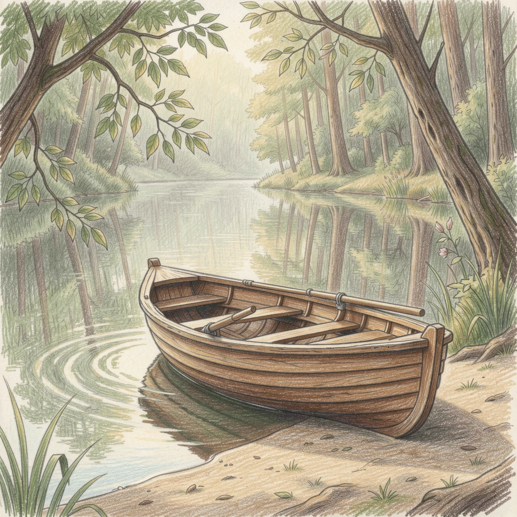 A quiet rowboat resting on the shore of a still forest lake, captured in a quiet, intimate moment full of atmosphere, capturing a quiet story that lingers with the viewer.
