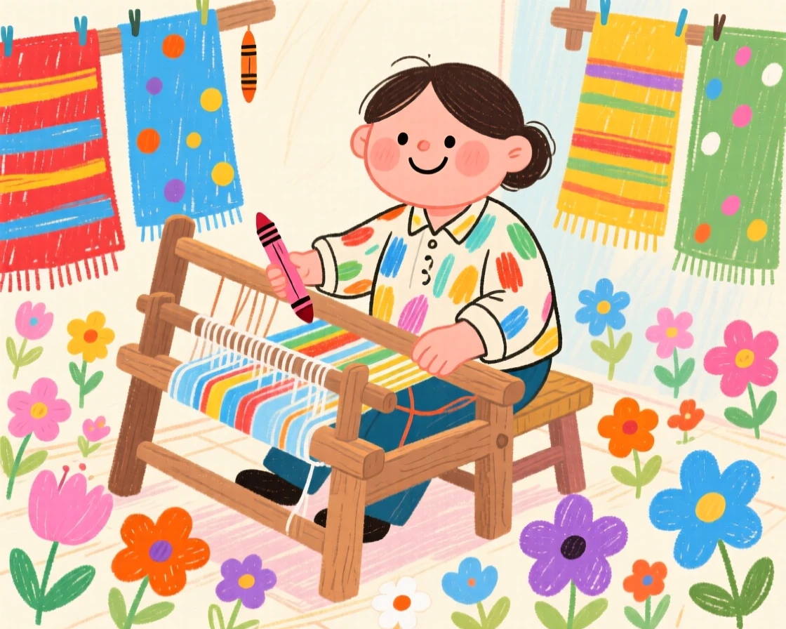 A textile weaver surrounded by vibrant fabric and flowers.