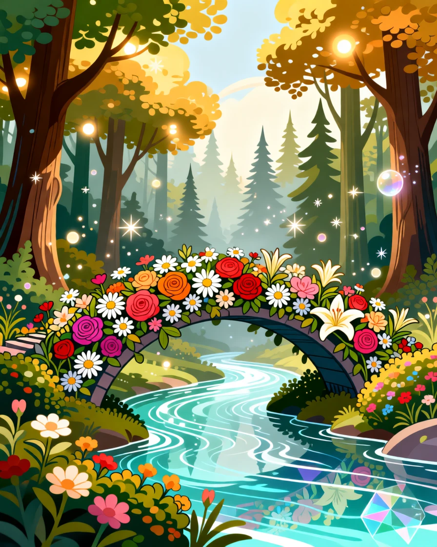 A fairy tale bridge made of blooming flowers spanning a crystal stream, surrounded by an enchanted forest alive with soft light, composed with layered depth creating a vast fantastical world, with subtle magical particles drifting through the air.