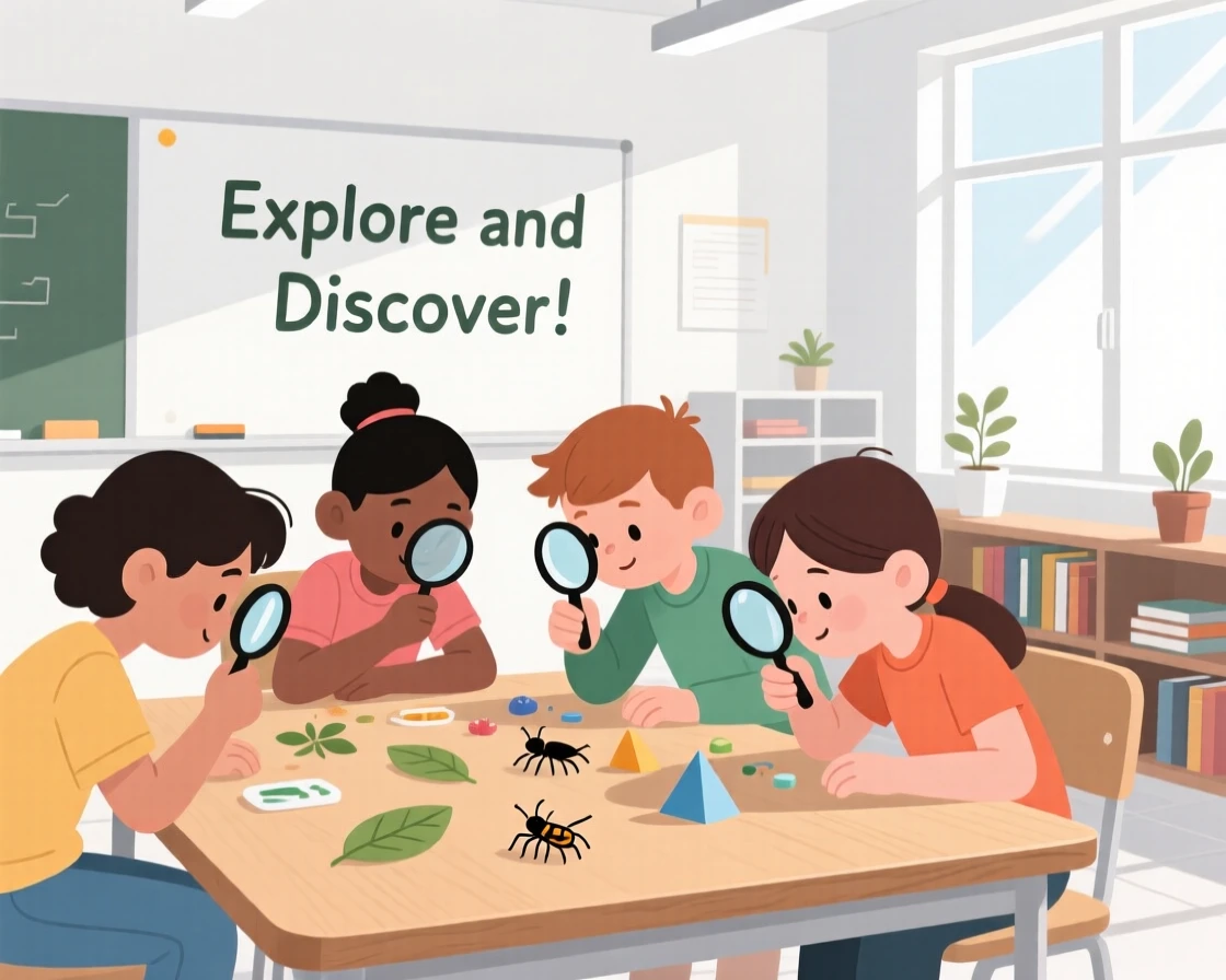 A group of students exploring with magnifying glasses in a bright classroom.