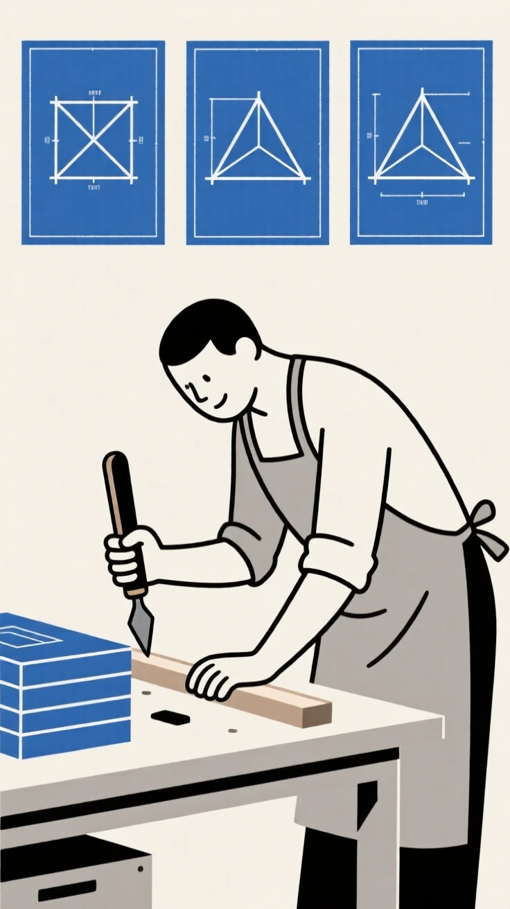 A focused carpenter working at a research laboratory, surrounded by stacks of blueprints, expressing focused determination.