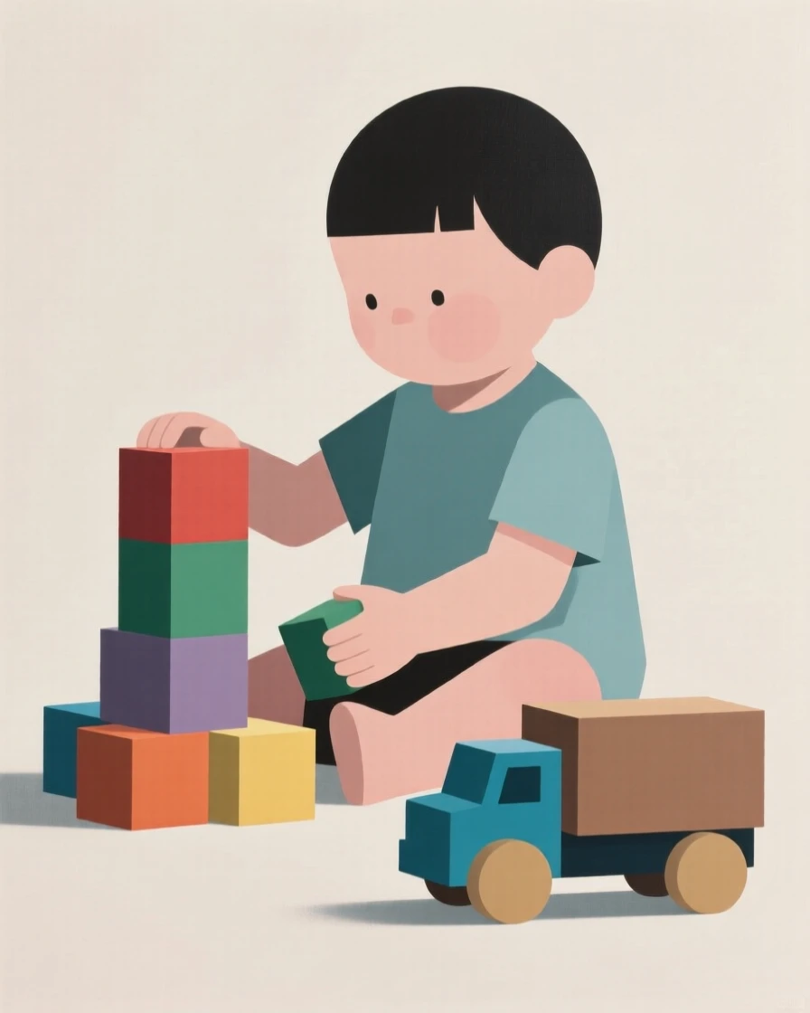 A young child playing with building blocks and toy trucks