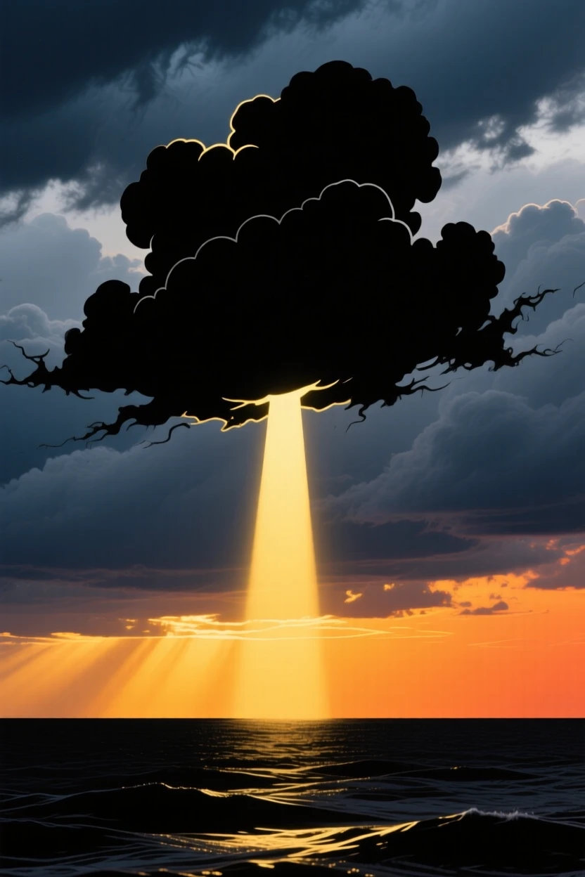 A single beam of sunlight breaking through storm clouds over the ocean.