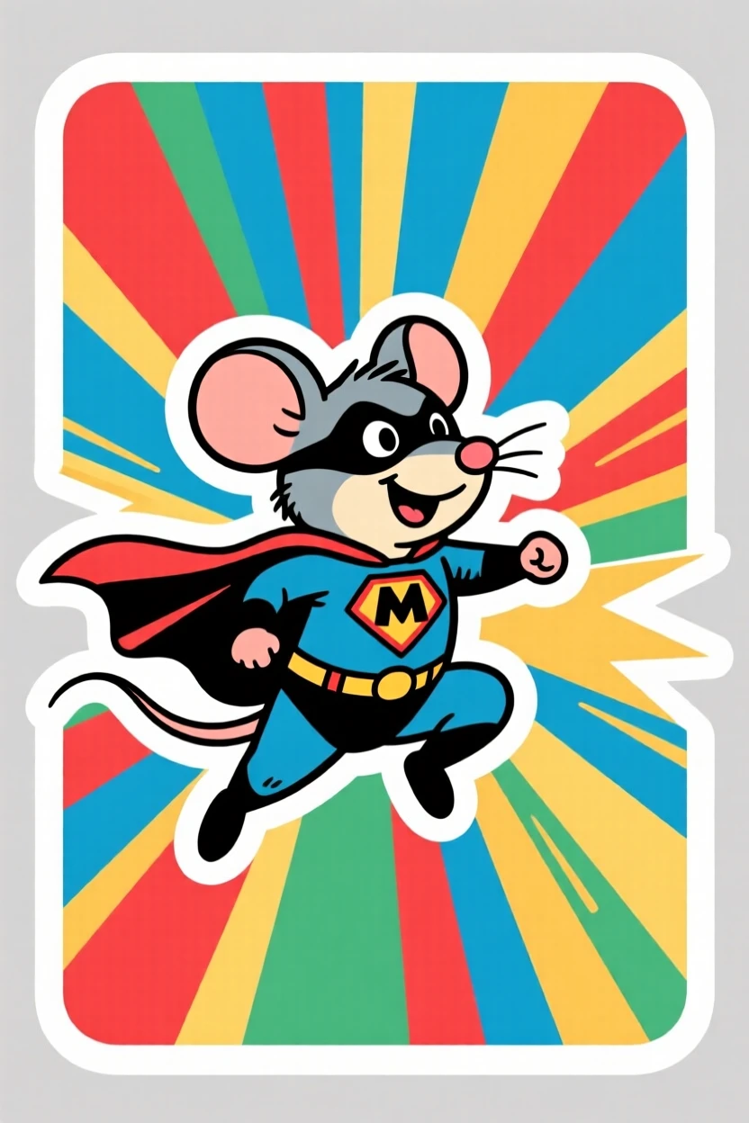 A playfully retro superhero training academy graduate mouse, framed by a burst of colorful energy, during an exciting made-up adventure.