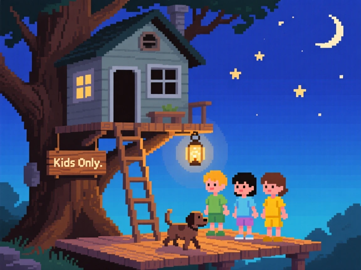 A treehouse built by neighborhood kids with an old dog trotting along beside them, on a porch during a warm summer night.