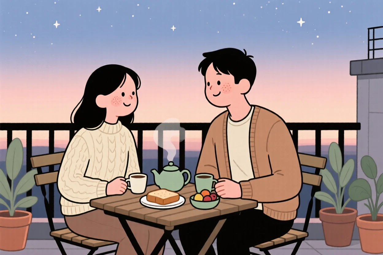 A couple shares a quiet moment on a rooftop terrace at dawn, sharing a simple meal as stars start to appear overhead surrounds them.