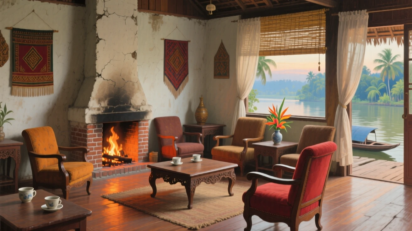 A panoramic view of a warm sitting room with a crackling fireplace and worn armchairs, in a Thai river village, in early morning light.