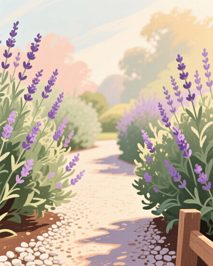 A garden path lined with lavender bushes in full bloom