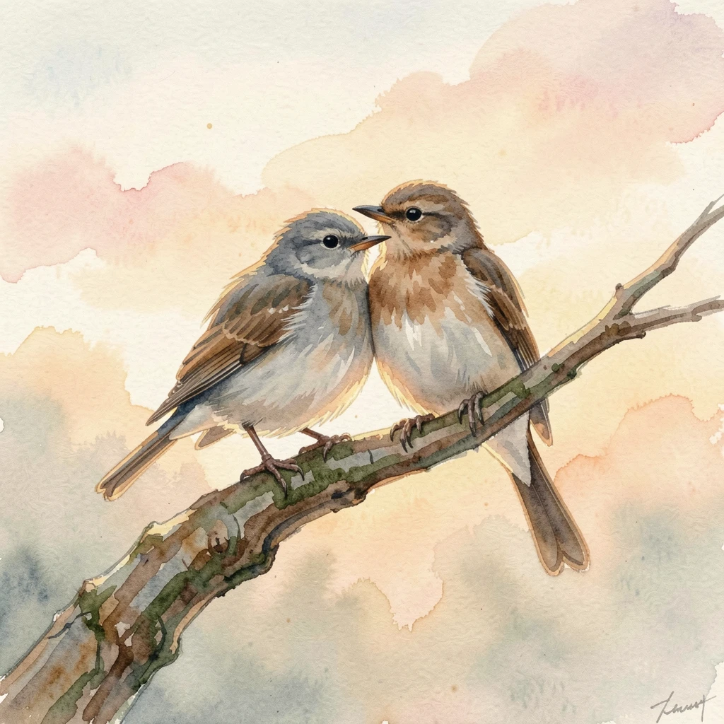 A pair of birds sharing a branch at sunrise.