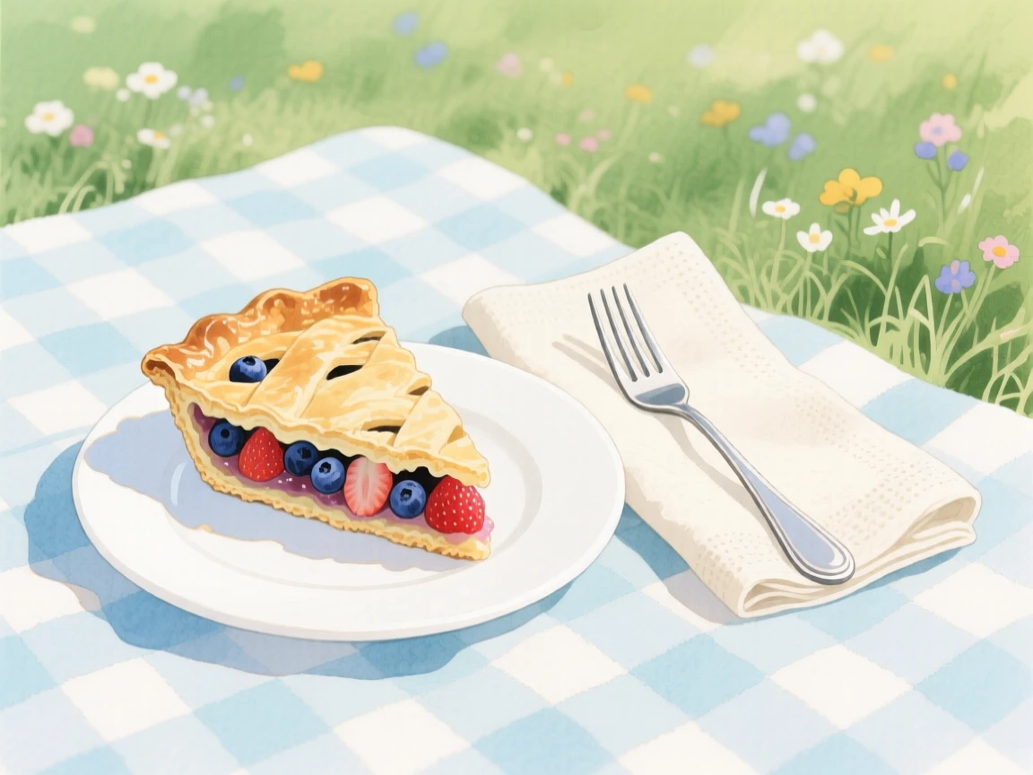 A slice of homemade pie sits beside a linen napkin and silver fork on a picnic blanket in a meadow, arranged beautifully for a delightful meal