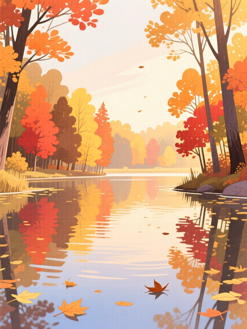 A quiet lake reflecting autumn foliage bathed in warm light during golden autumn.